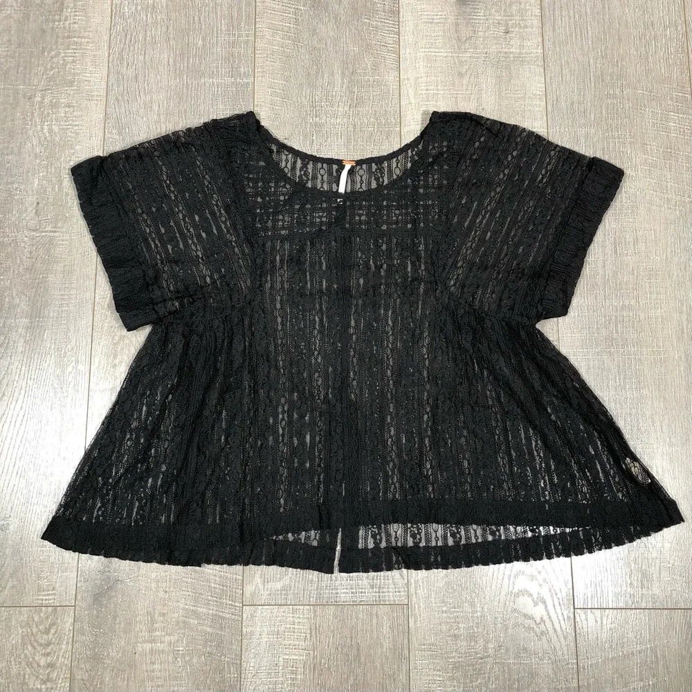 Free People Black Lace Short Sleeve Peasant Top - Picture 1 of 6